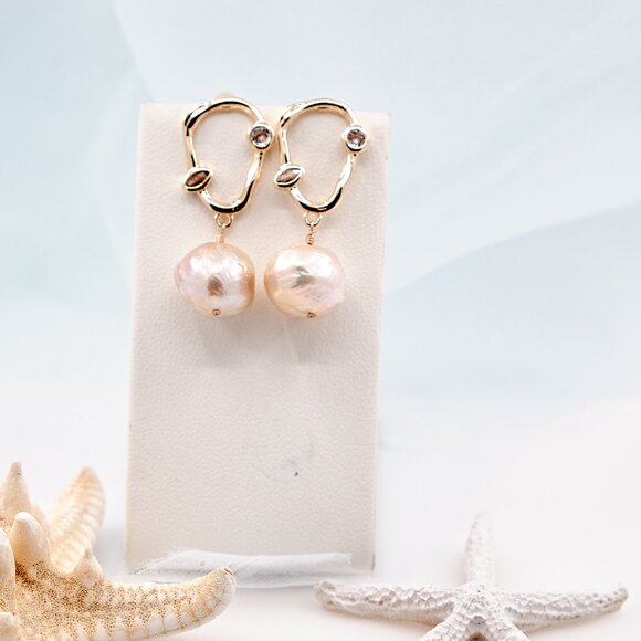 Baroque Ripple Pearl Earrings, 14K Gold Filled Abstract CZ Ear Wires - Picture 5 of 9